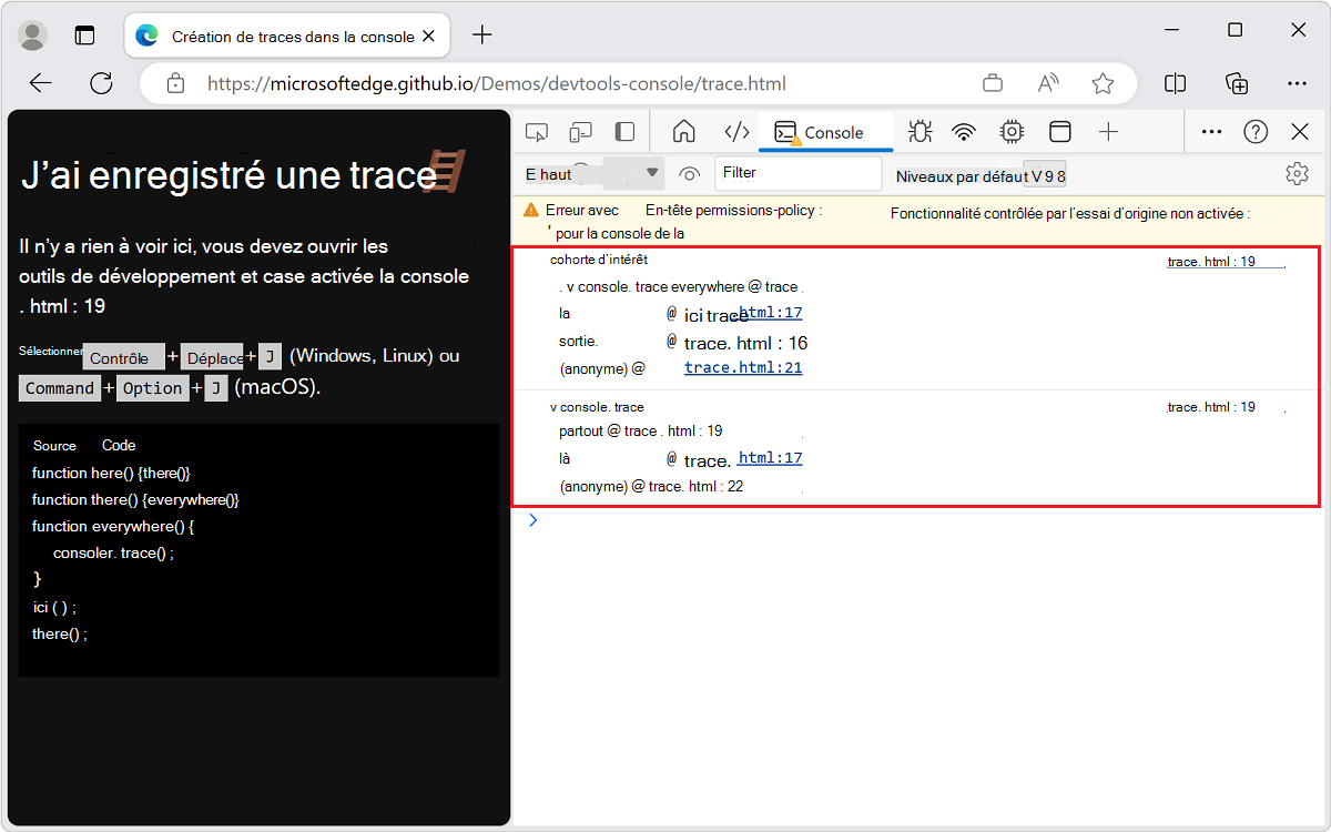 La trace, affichée dans la console