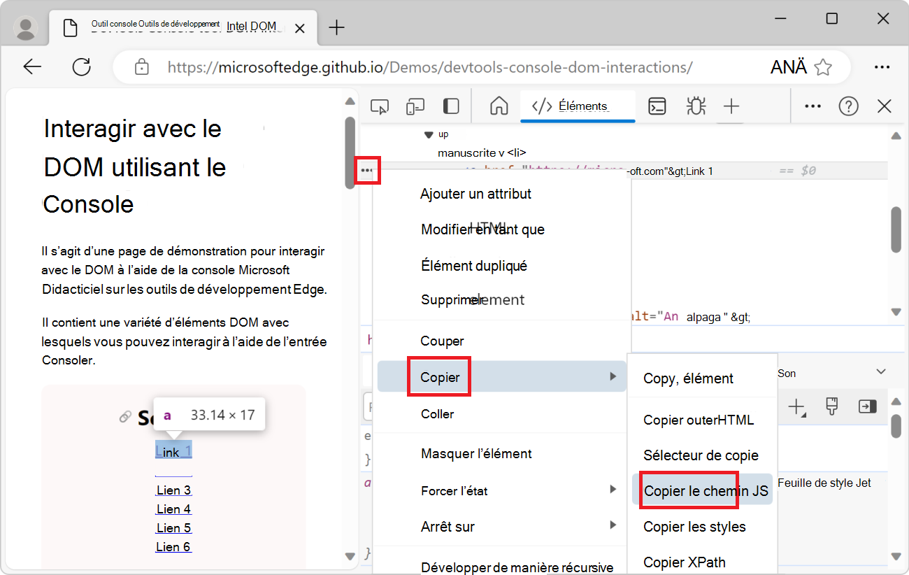 L’élément de menu Copier le chemin JS dans l’outil Éléments