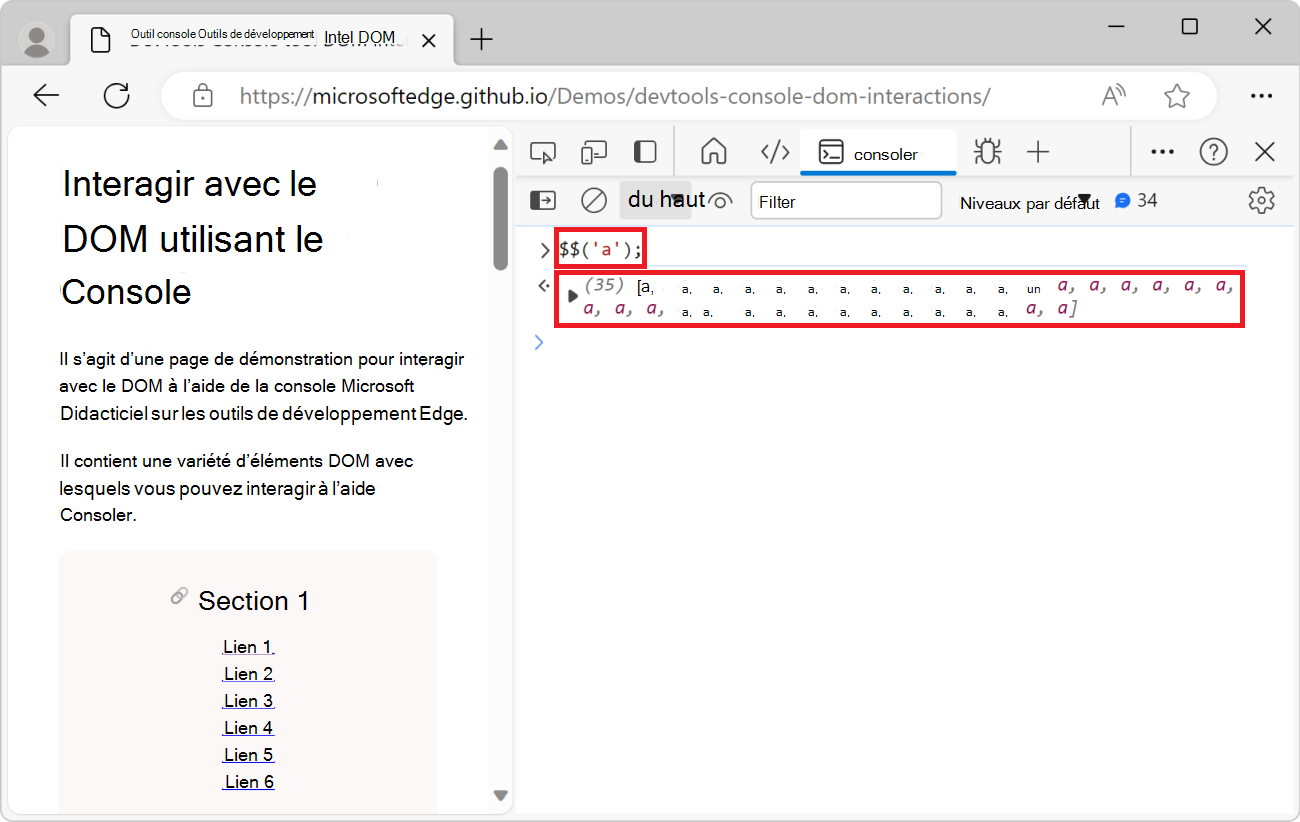 Résultat de la fonction $$('a') dans la console, qui est un tableau d’éléments