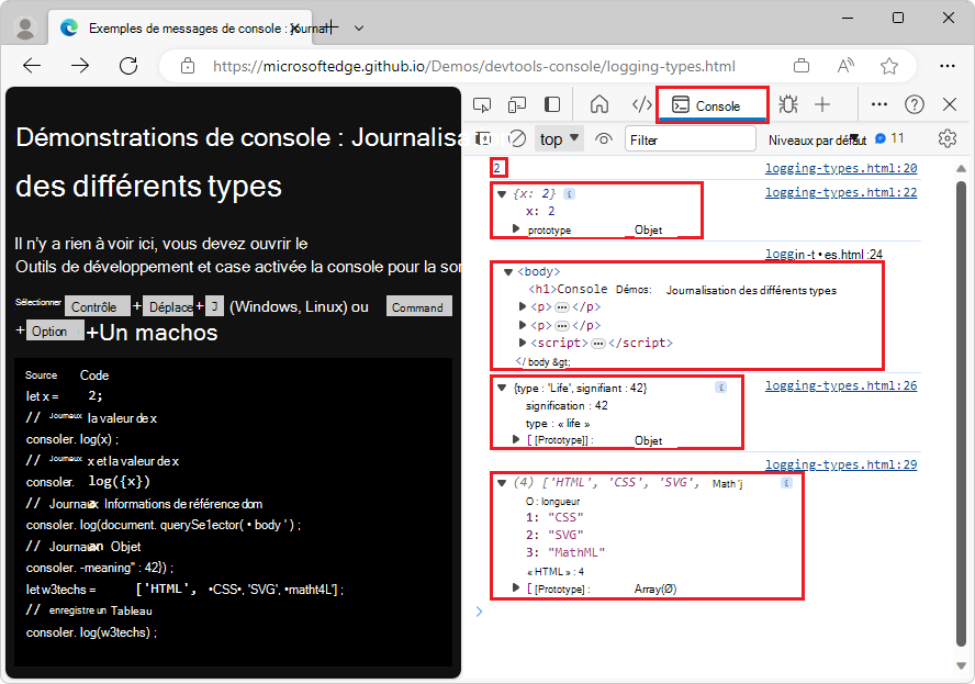 Journaliser des variables de différents types dans la console avec des informations supplémentaires développées