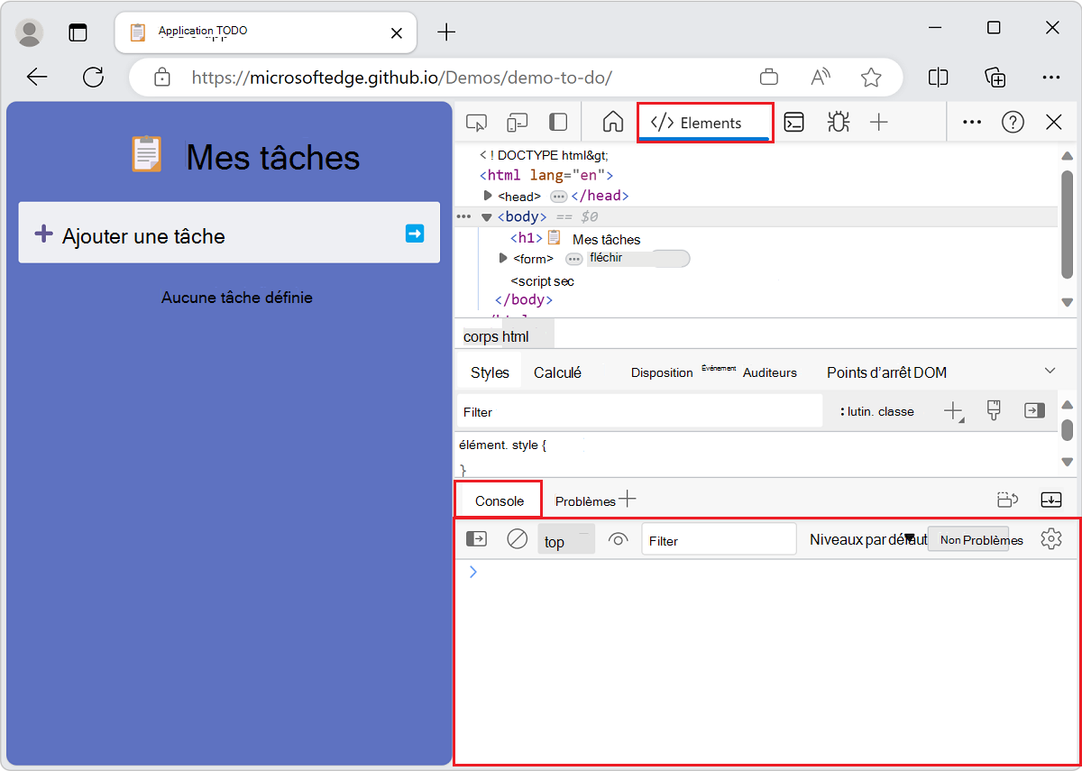 Console dans le panneau inférieur avec l’outil Éléments ouvert au-dessus