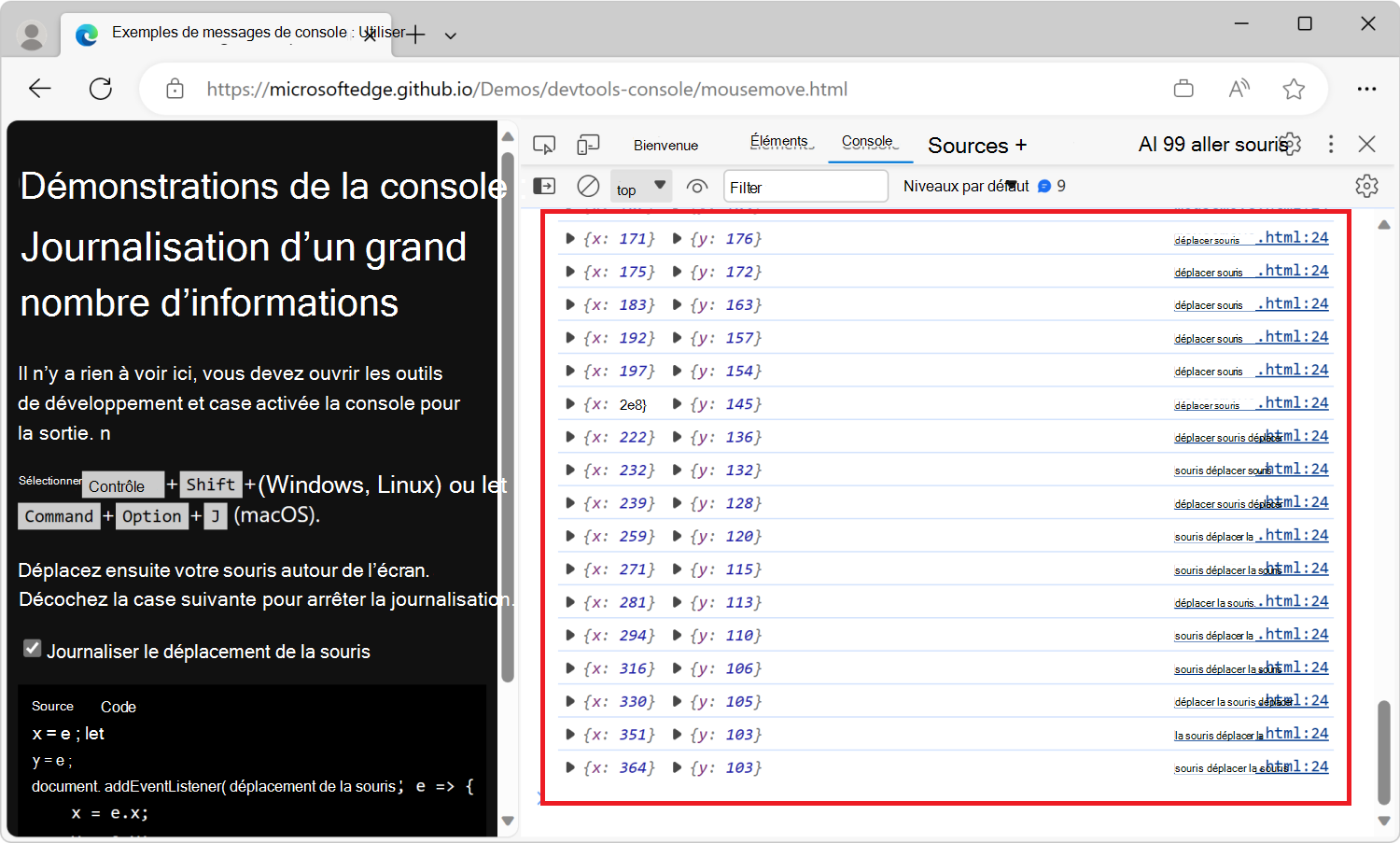 L’outil Console affiche un nombre écrasant de messages sur la position de la souris