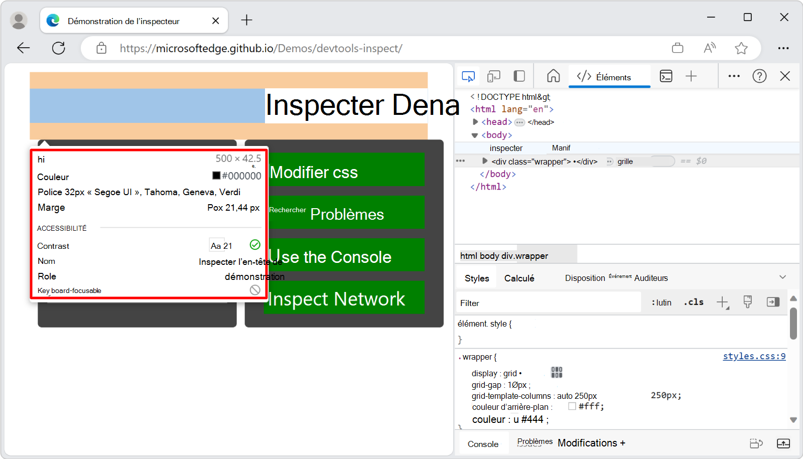 Superposition de l’outil Inspecter sur une page rendue, montrant des informations sur un élément de titre h1