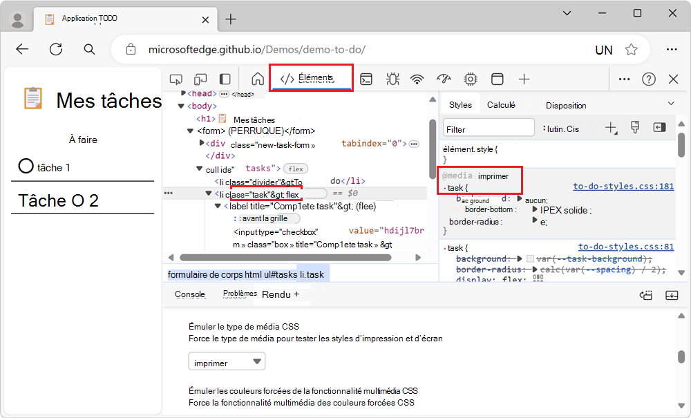 L’outil Éléments, inspectant un élément de la page qui est affiché avec ses styles d’impression