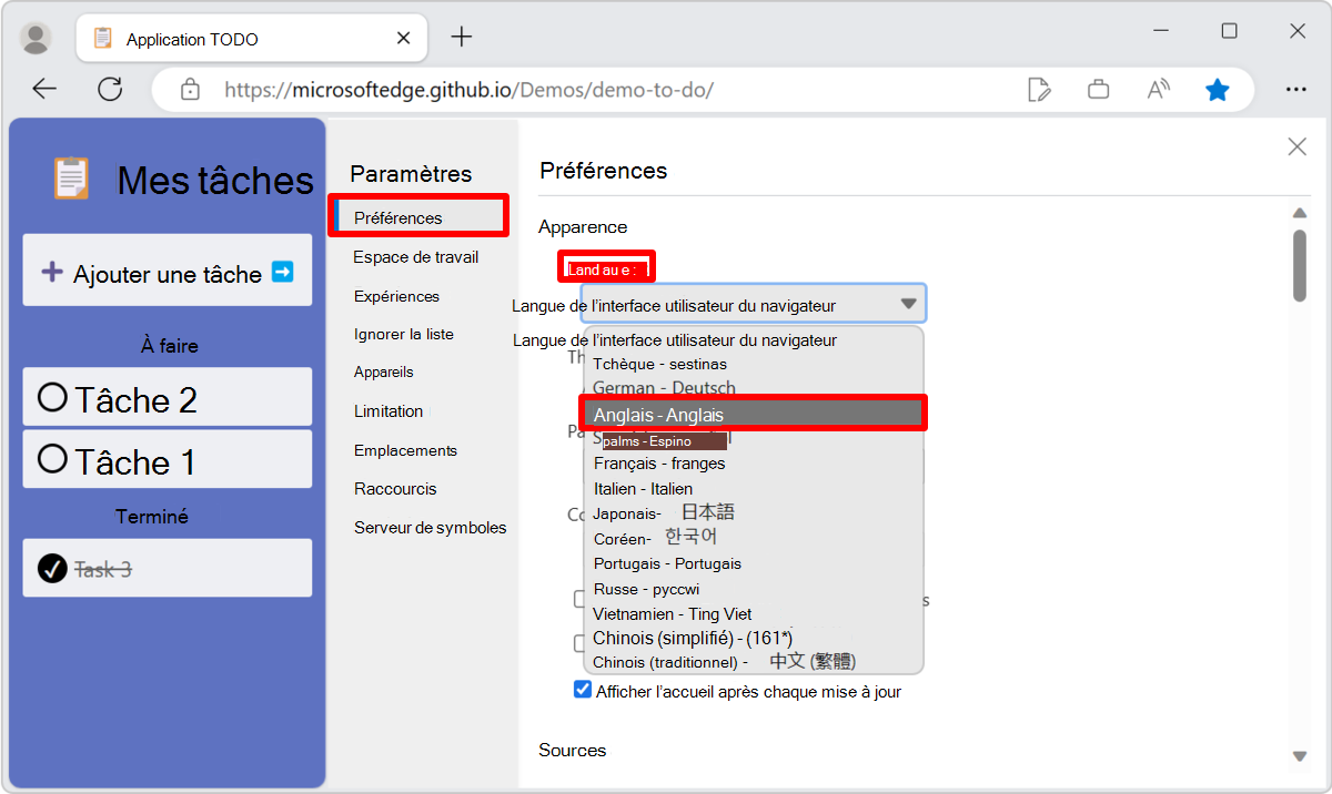 Utiliser le paramètre « Langue de l’interface utilisateur du navigateur » dans la page Préférences de Paramètres