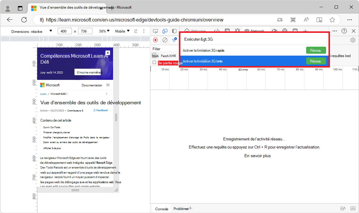 Sélection de l’option Activer la limitation 3G rapide ou lente dans le menu Commandes