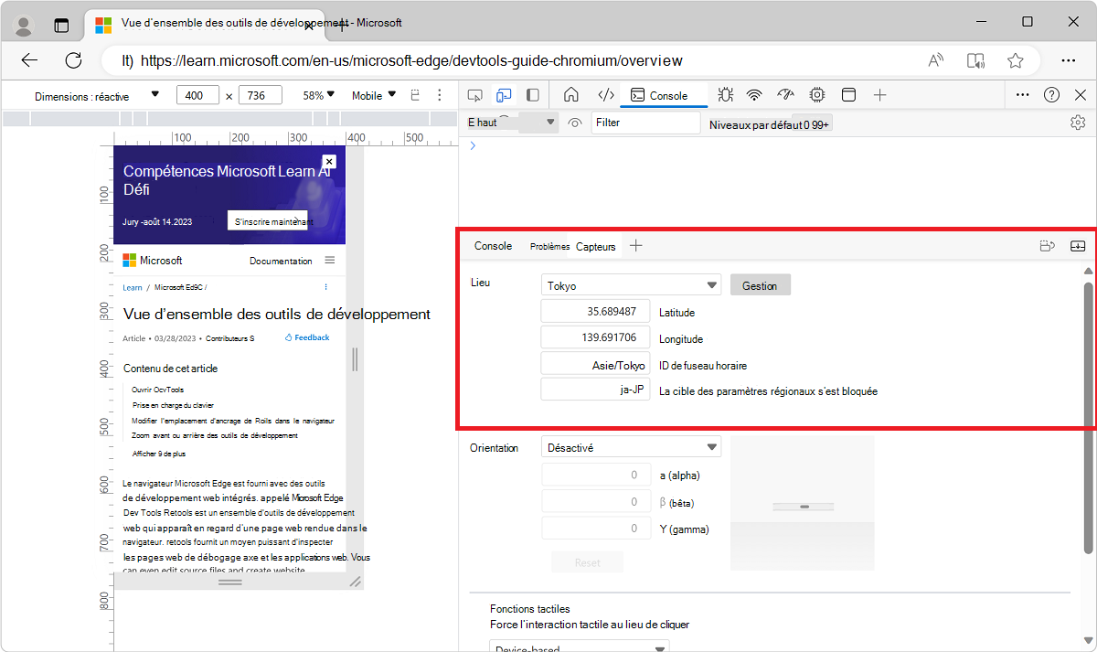 Outil Capteurs avec un emplacement prédéfini sélectionné