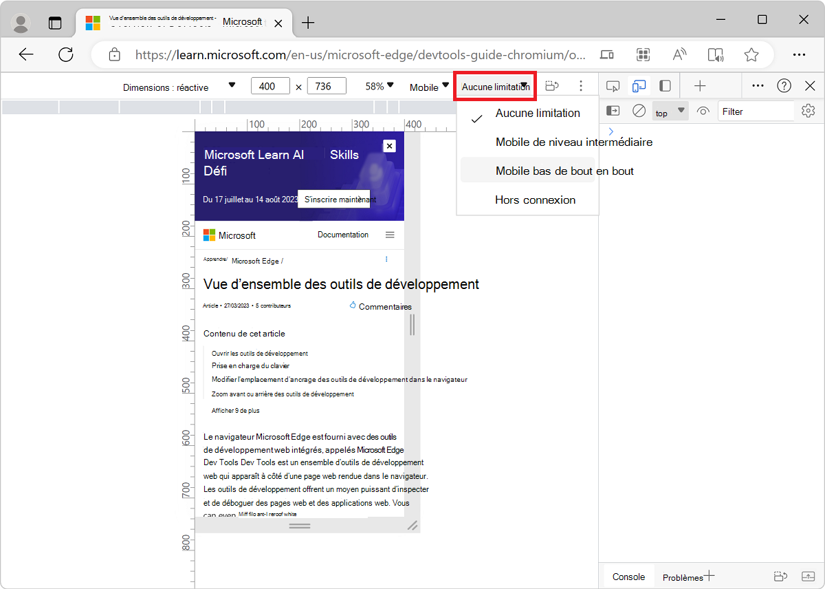 Liste des limitations dans la barre d’outils de l’appareil