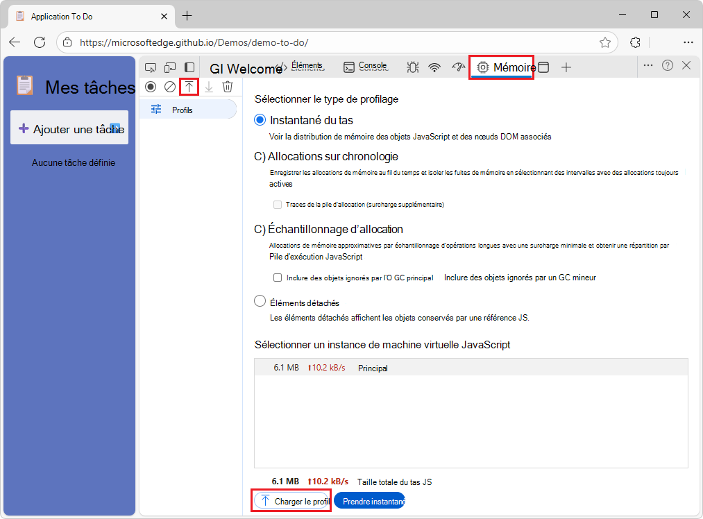 Microsoft Edge, montrant l’outil Mémoire dans DevTools, avec le bouton Charger
