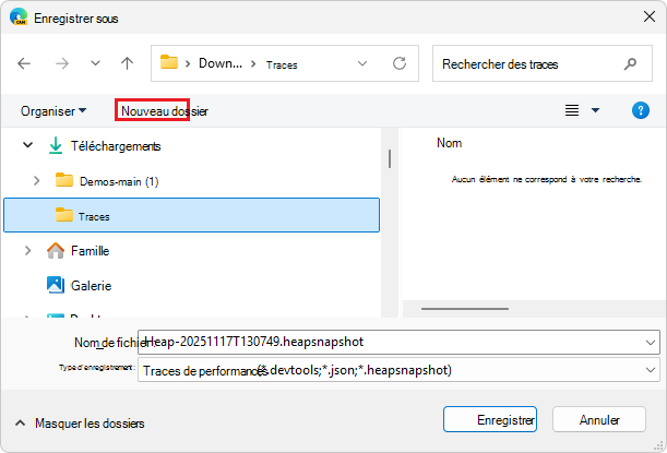 Boîte de dialogue Enregistrer sous dans Windows, montrant le fichier de trace mémoire en cours d’enregistrement dans un dossier traces