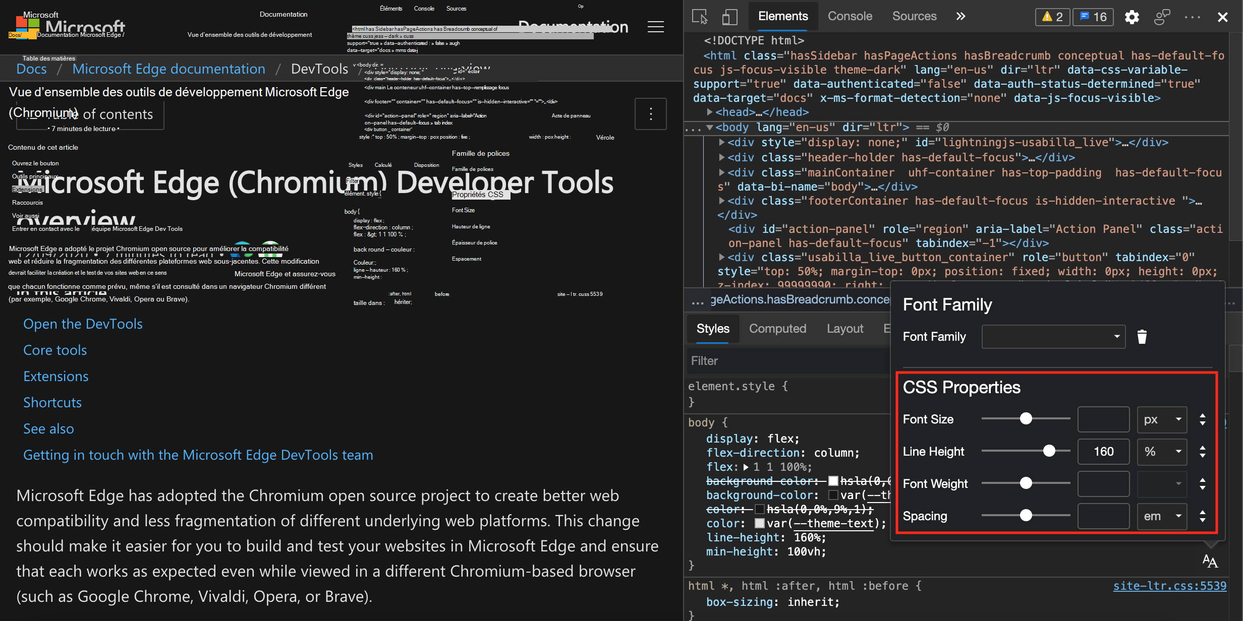 L’Éditeur de police s’ouvre au-dessus du volet Styles, avec les propriétés CSS mises en évidence