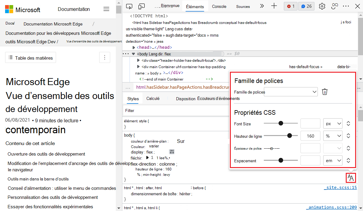 L’Éditeur de polices s’ouvre au-dessus du volet Styles