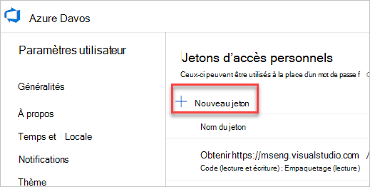 Page « Jetons d’accès personnels » dans Azure DevOps