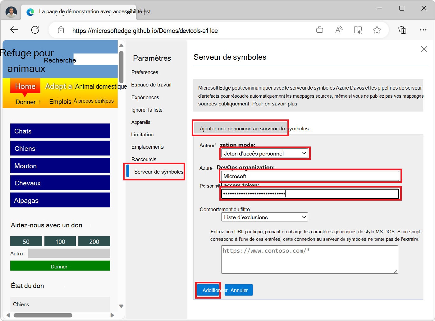 Écran de configuration du serveur de symboles dans les paramètres DevTools, montrant les champs requis pour créer une nouvelle connexion PAT