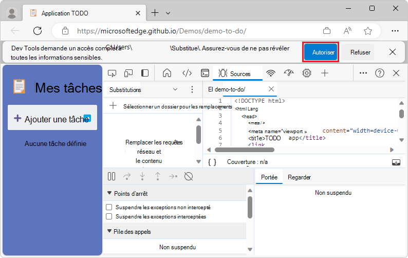 Octroi à DevTools de l’accès à un dossier