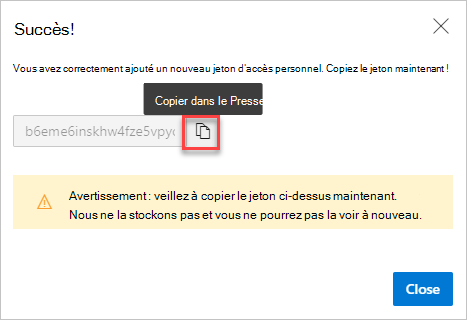 Boîte de dialogue « Réussite ! » avec le PAT à copier