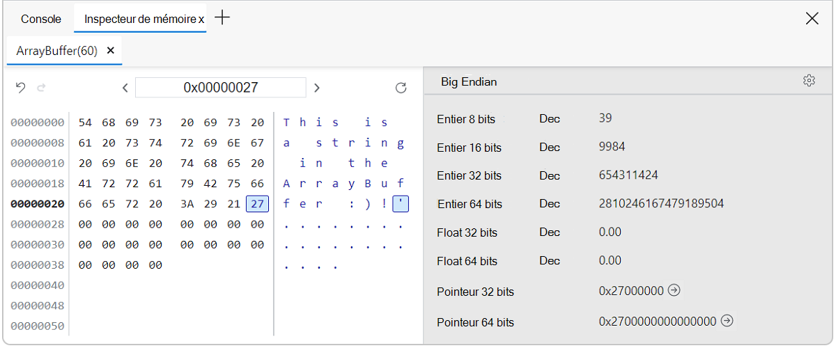 Valeurs d’adresse de l’inspecteur de mémoire mises à jour