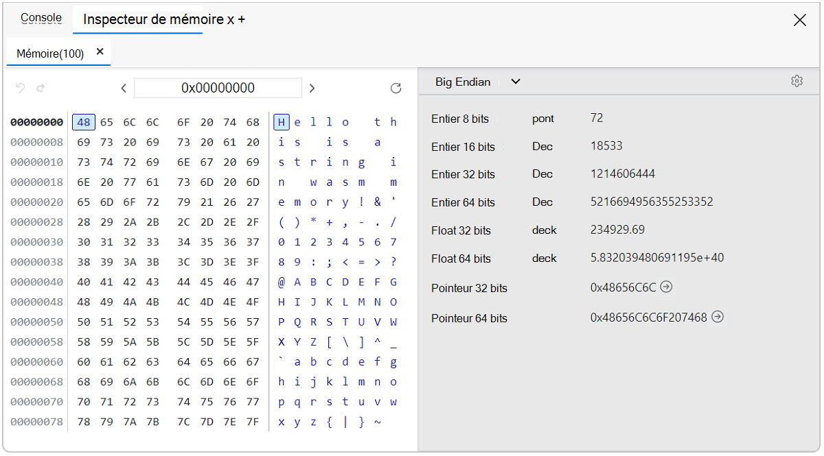 Panneau d’inspecteur de mémoire Wasm