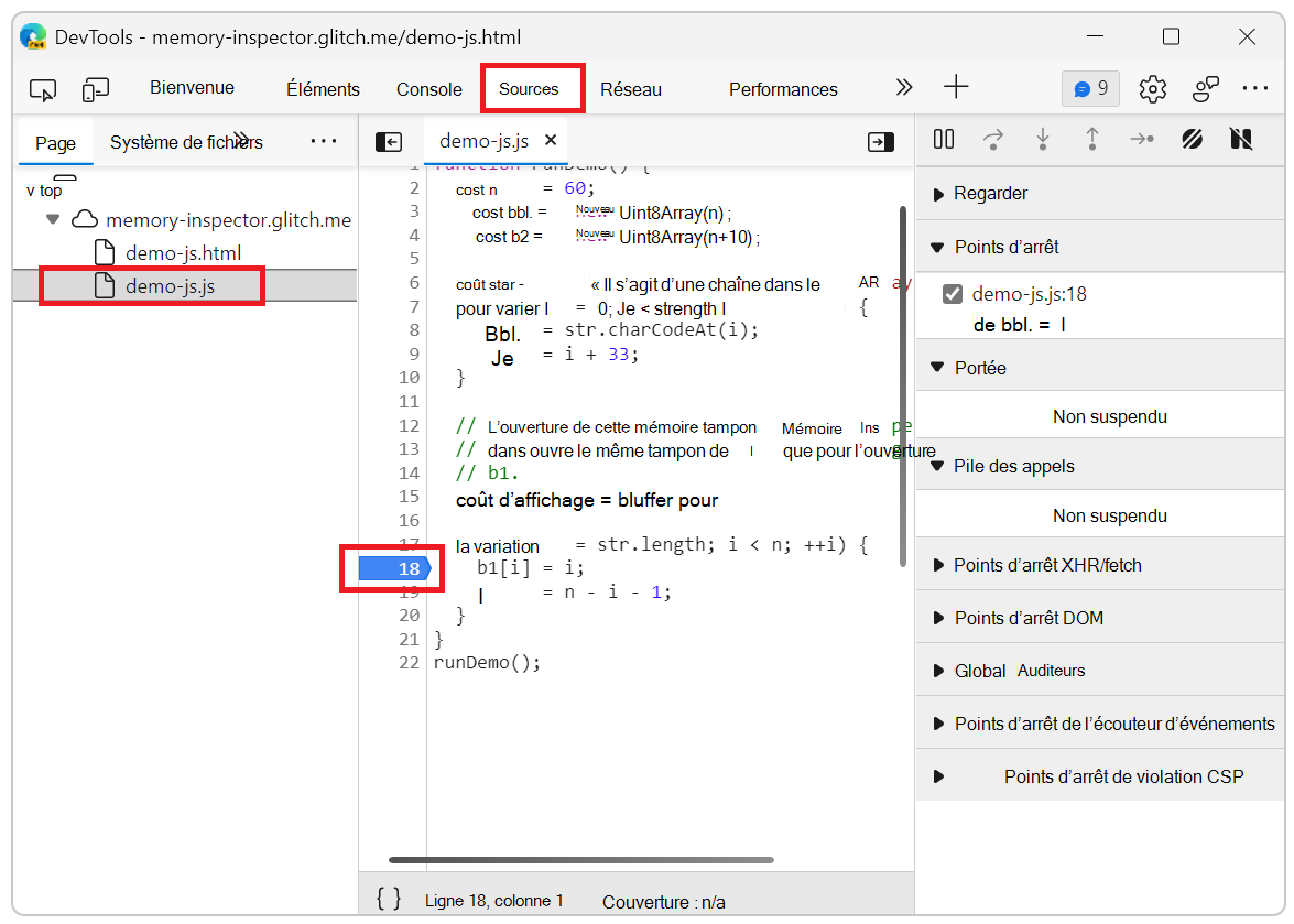 Paramètre de point d’arrêt de l’inspecteur de mémoire dans un fichier JavaScript