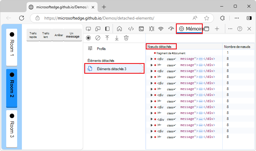 Liste des nœuds détachés dans la colonne Nœuds détachés du profil d’éléments détachés généré