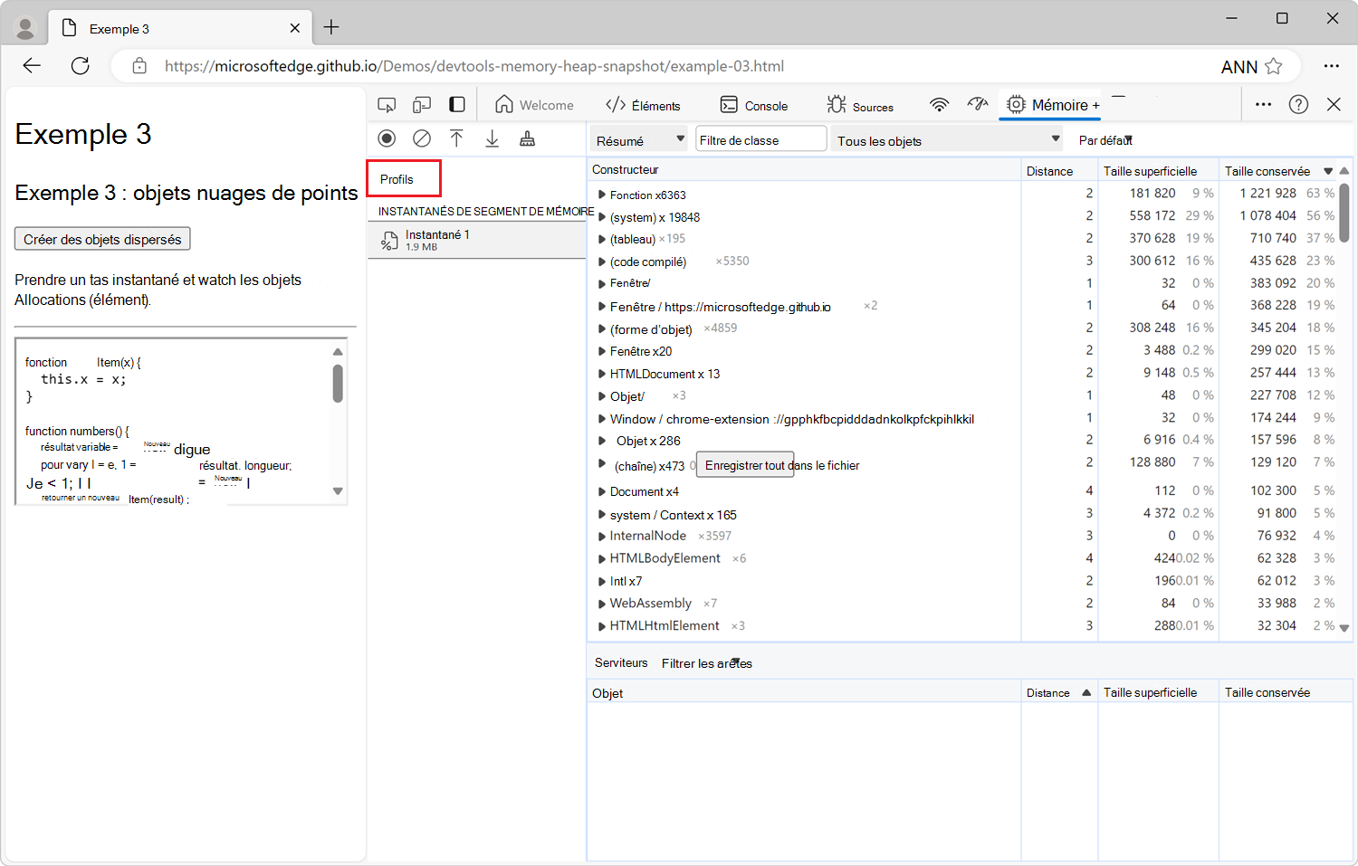 Le bouton Profils pour prendre une autre instantané
