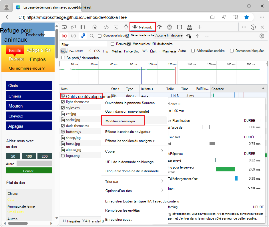 Cliquez avec le bouton droit sur une ressource pour la page web afin de sélectionner « Modifier et renvoyer » dans l’outil Réseau