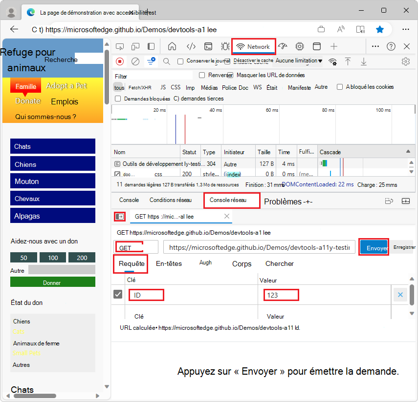 Modification de la demande réseau, puis cliquez sur Envoyer, dans l’outil Console réseau