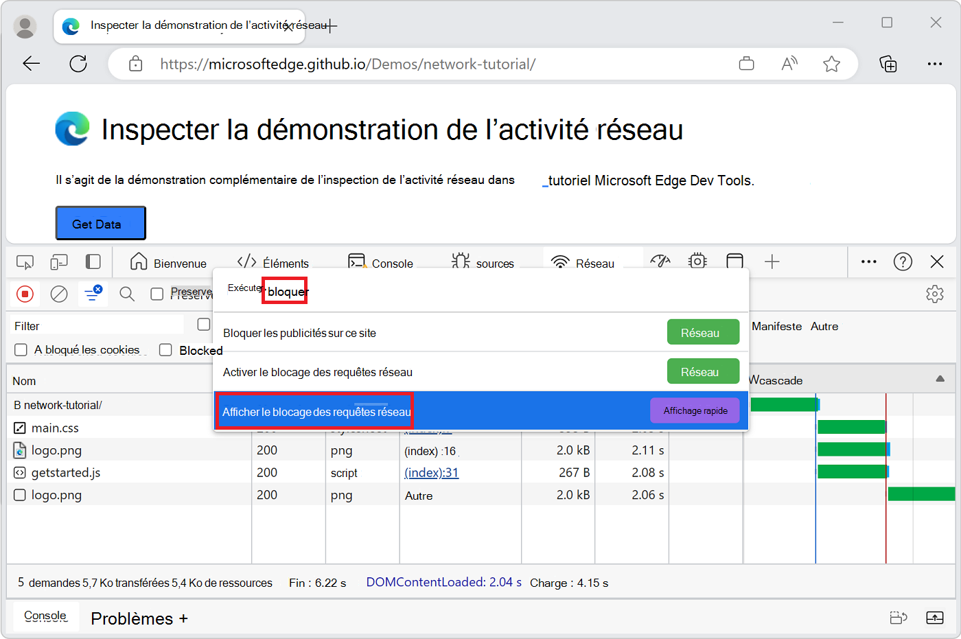 Afficher le blocage des requêtes réseau