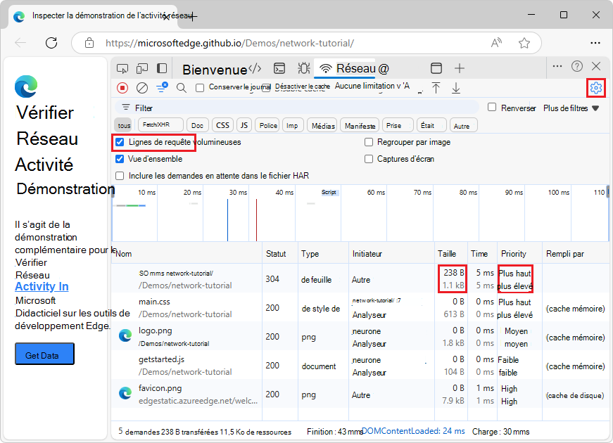 Exemple de lignes de requête volumineuses dans le volet Demandes