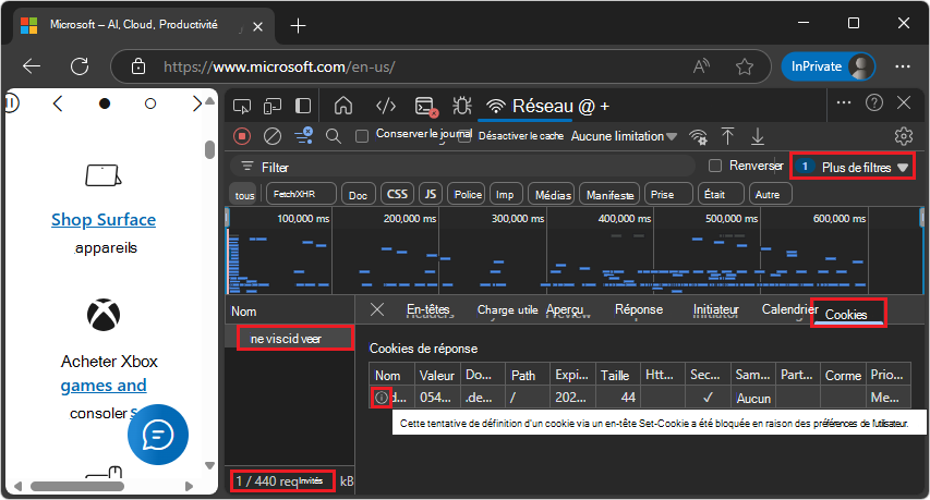 La table Requests affiche uniquement les requêtes avec des cookies de réponse bloqués