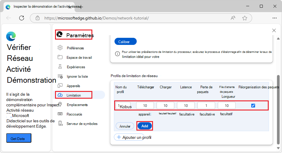 Création d’un profil de limitation personnalisé dans la limitation des paramètres > DevTools >
