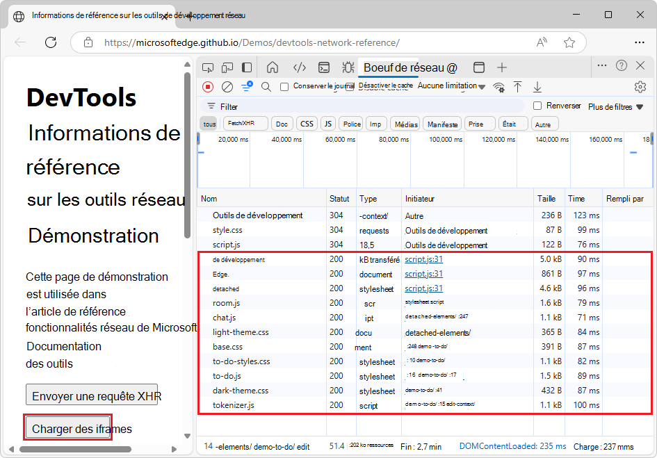 Journal des demandes réseau avec les requêtes non regroupées