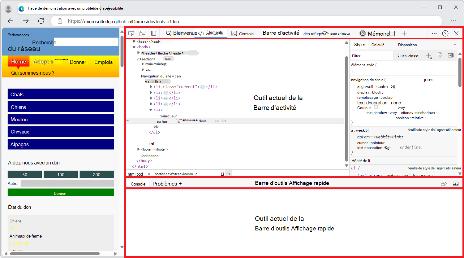 Microsoft Edge, avec DevTools ouvert sur le côté, avec les 4 zones d’interface utilisateur principales mises en évidence