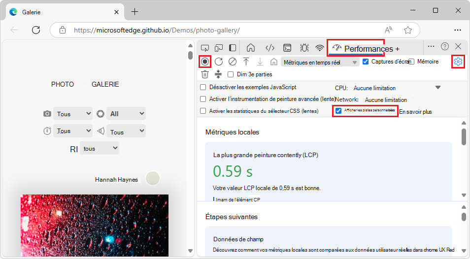 Case à cocher « Afficher les pistes personnalisées » dans les « Paramètres de capture » de l’outil Performance