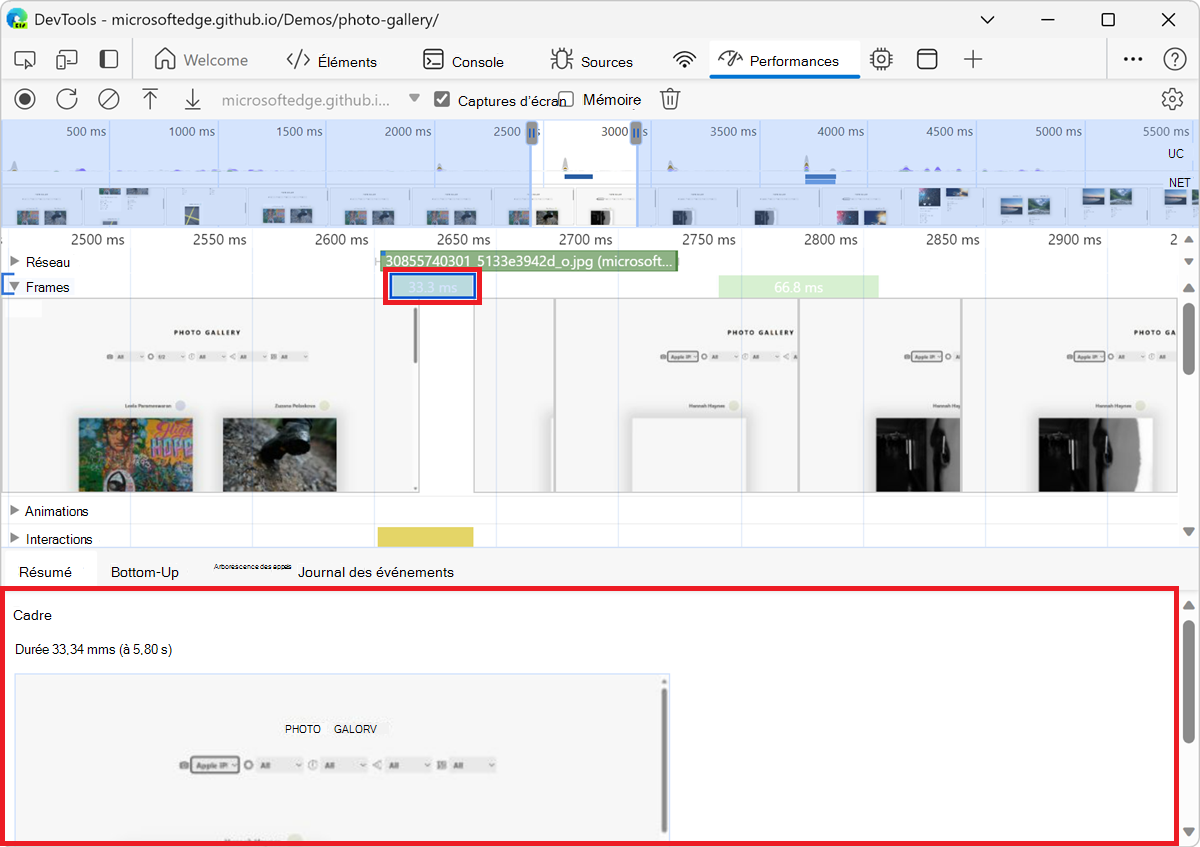 Affichage d’un cadre sous l’onglet Résumé