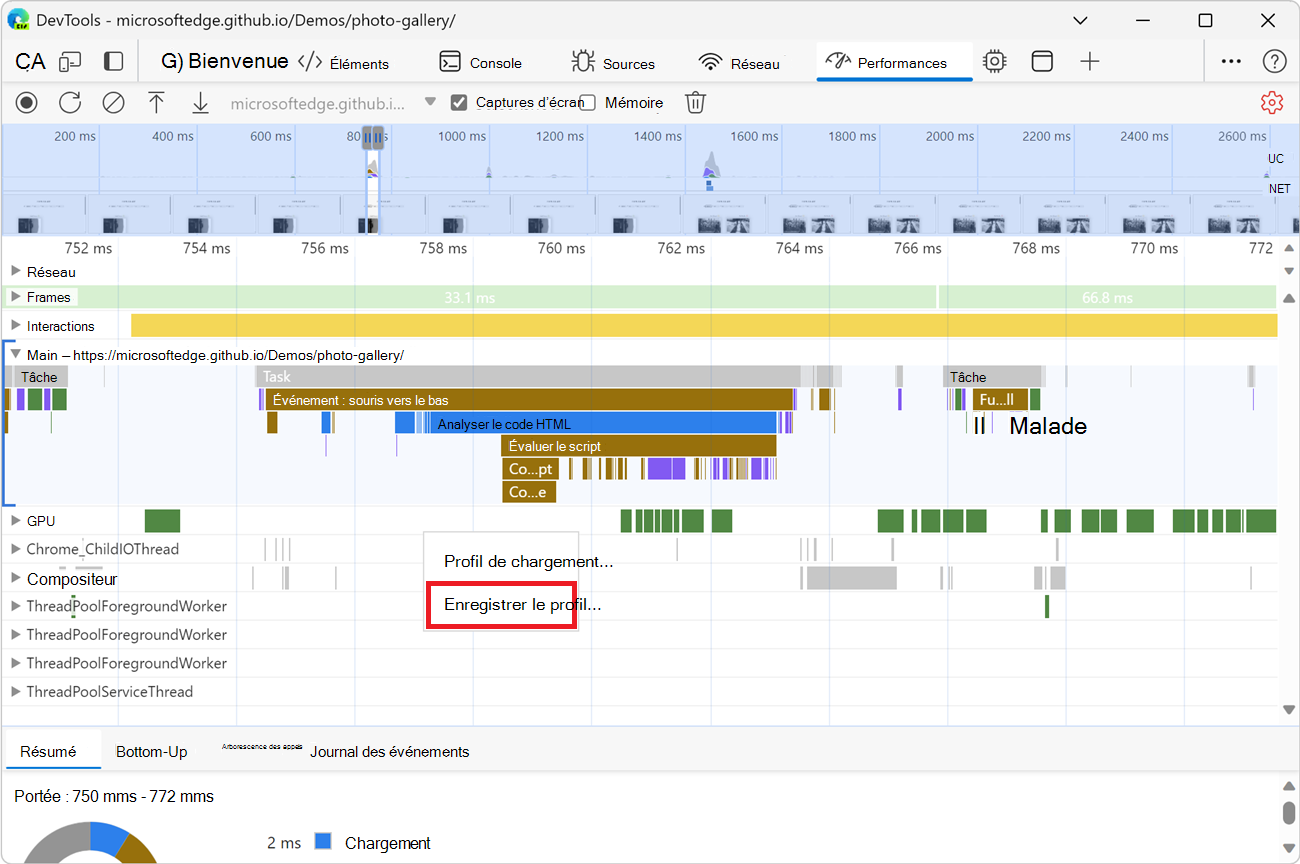 L’élément de menu « Enregistrer le profil »
