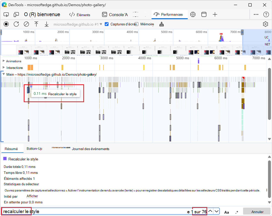 Zone de recherche avec une requête et des activités mises en surbrillance