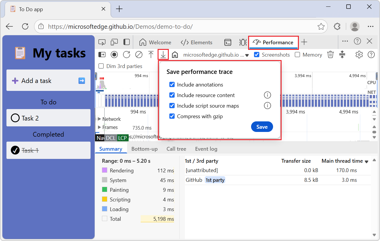 Boîte de dialogue Enregistrer la trace des performances