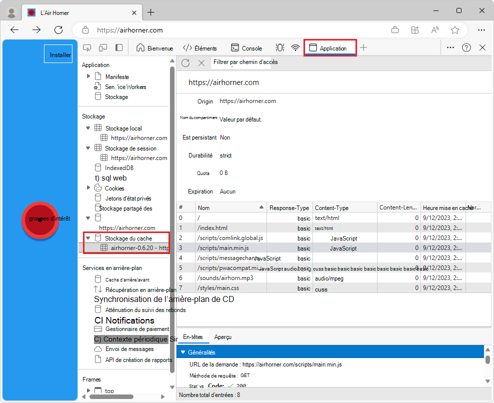 Volet Stockage du cache