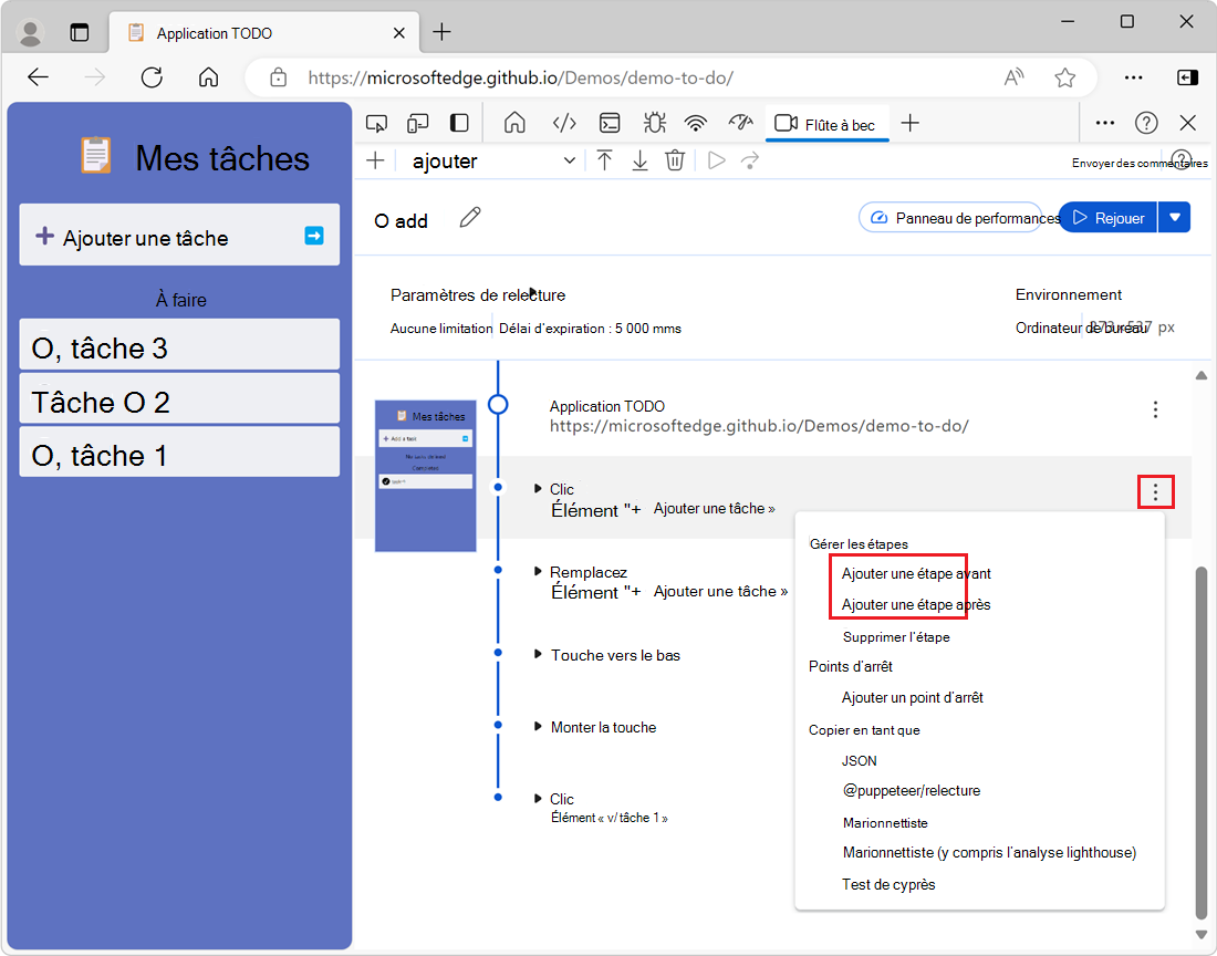 L’icône « Ouvrir les actions d’étape » et le bouton « Ajouter une étape »