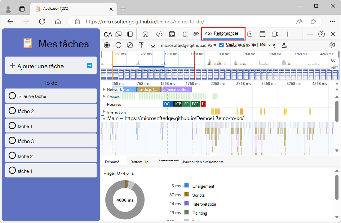 L’outil Performance affichant un enregistrement des performances du site web