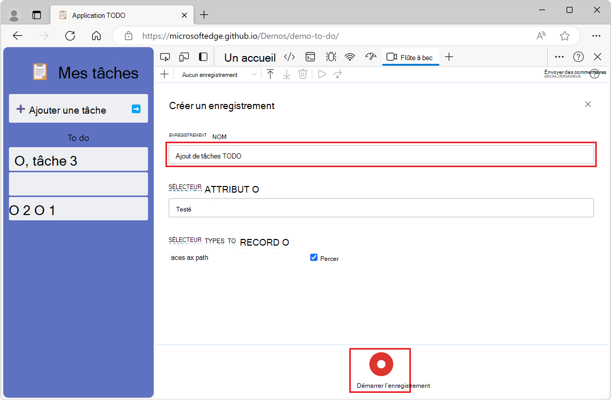 Nom de l’enregistrement et bouton Démarrer l’enregistrement