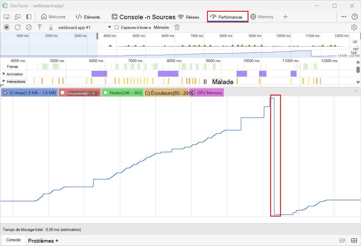 Opération GC affichée dans l’outil Performances
