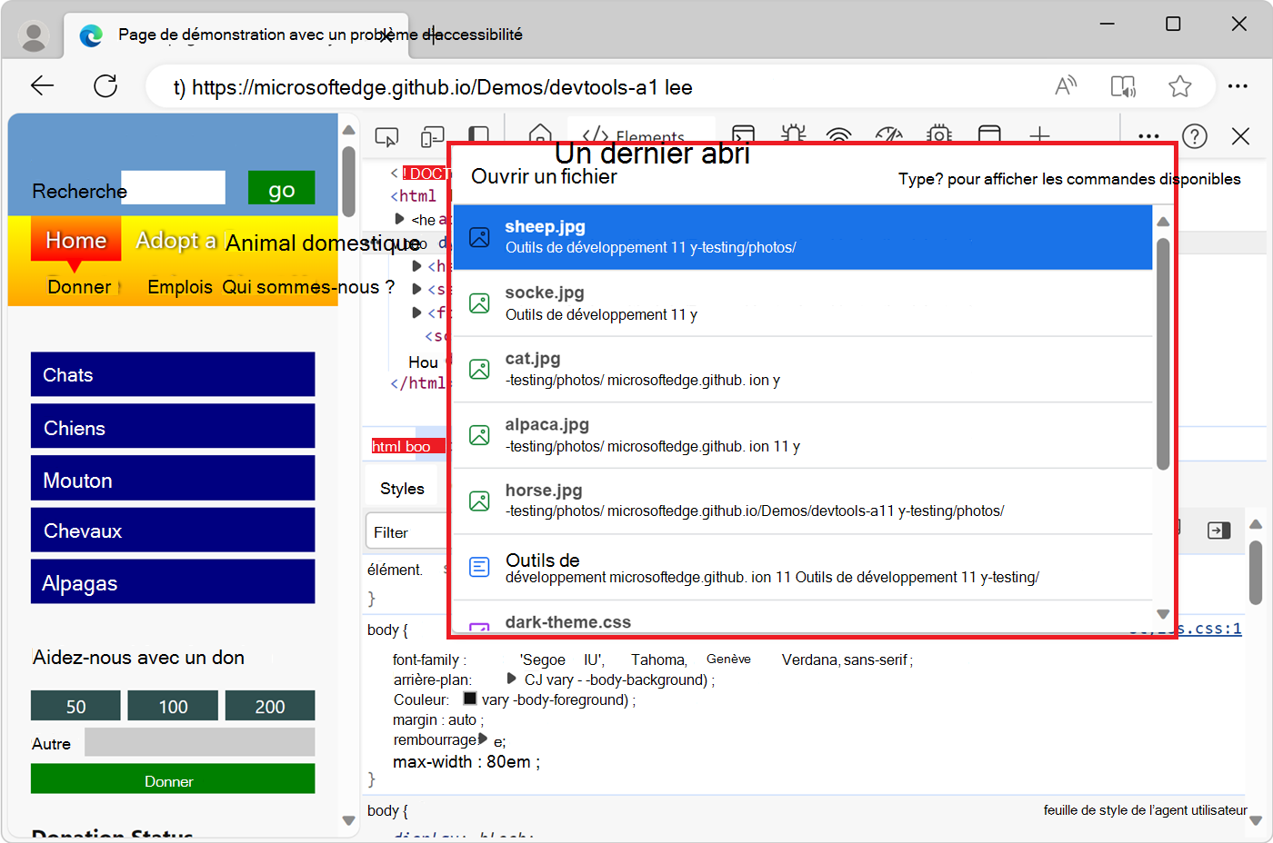 Menu Commandes, affichant la liste Ouvrir un fichier