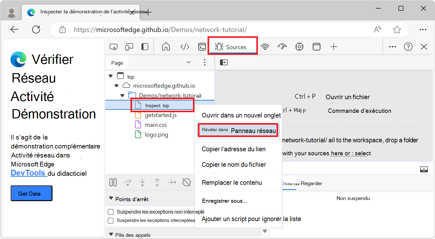 L’élément de menu contextuel « Révéler dans le réseau » dans un fichier de ressources sous l’onglet Page de l’outil Sources