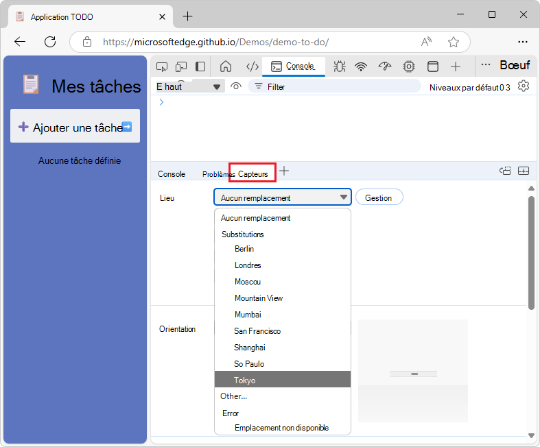 Sélection de Tokyo dans la liste Emplacement