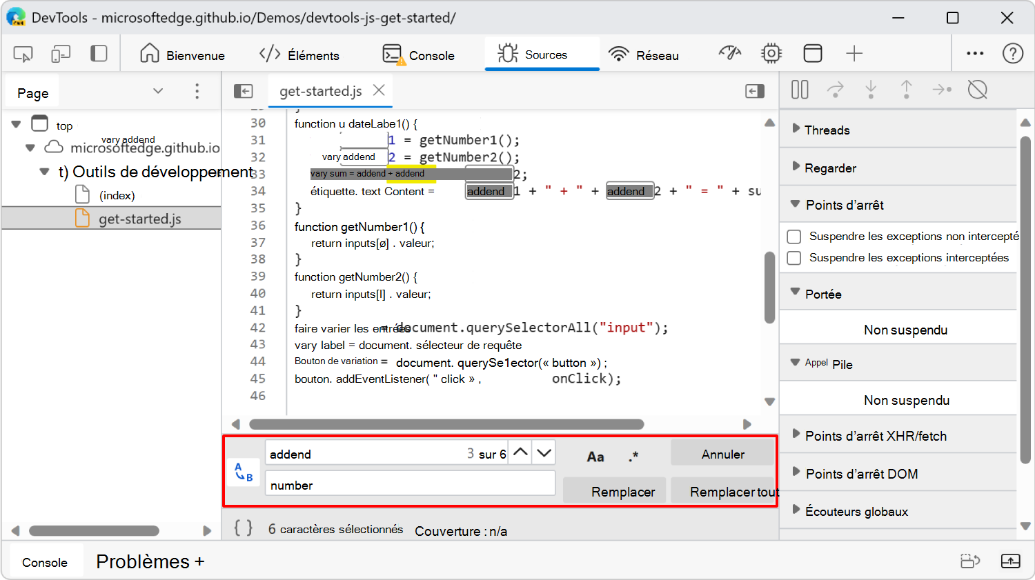 Rechercher et remplacer, dans le volet Éditeur de l’outil Sources