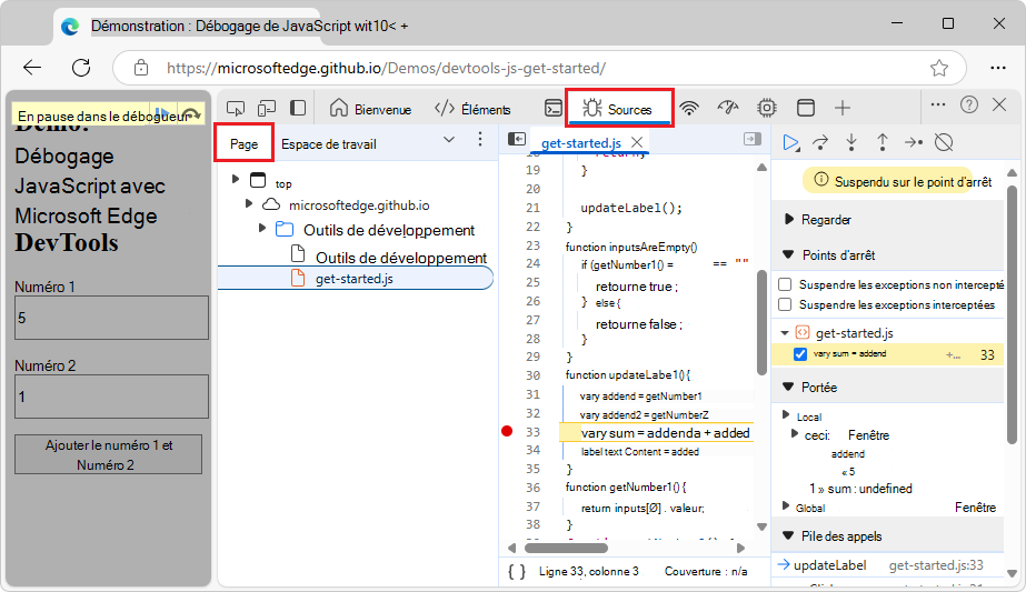 Onglet Page dans le volet Navigateur de l’outil Sources