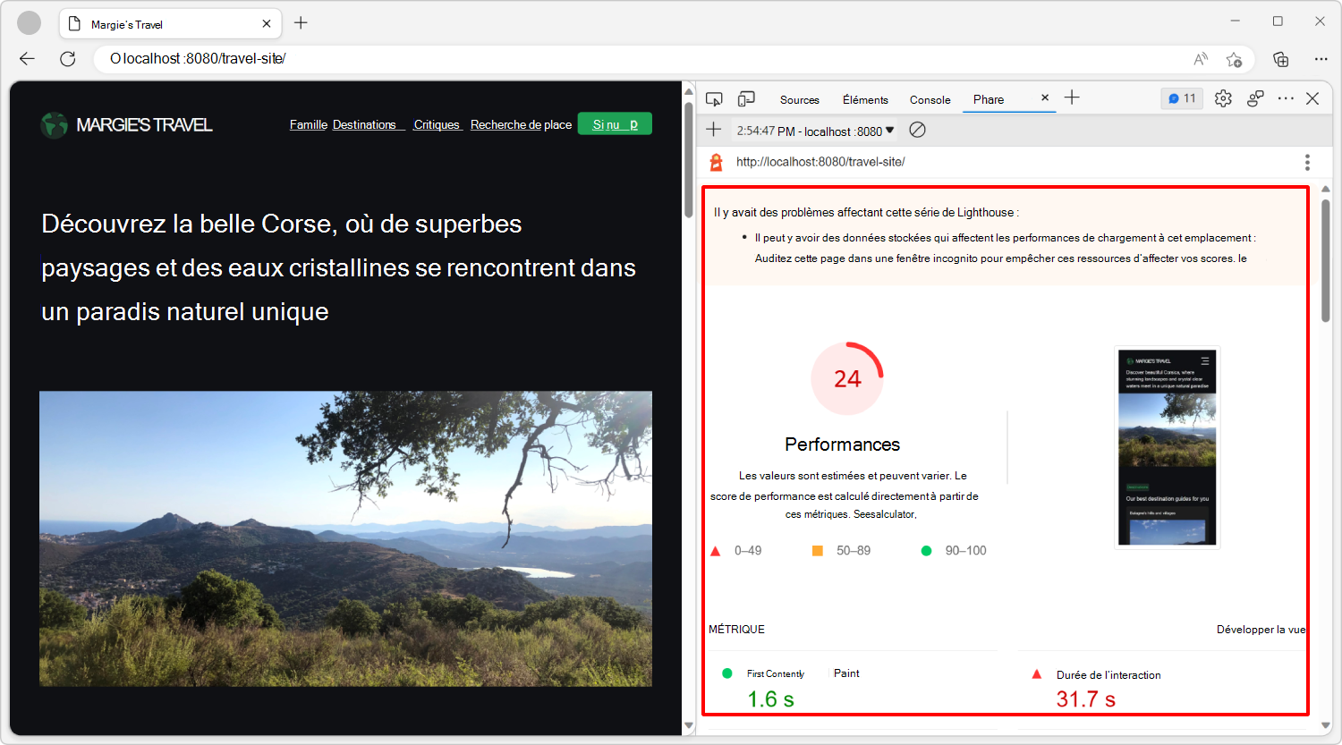Le rapport de l’outil Lighthouse sur les performances du site