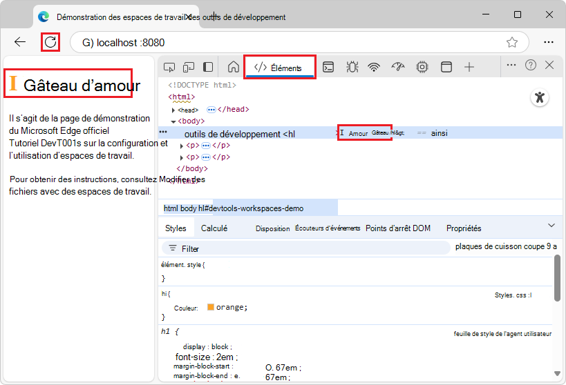 Tentative de modification du code HTML à partir de l’arborescence DOM dans l’outil Éléments